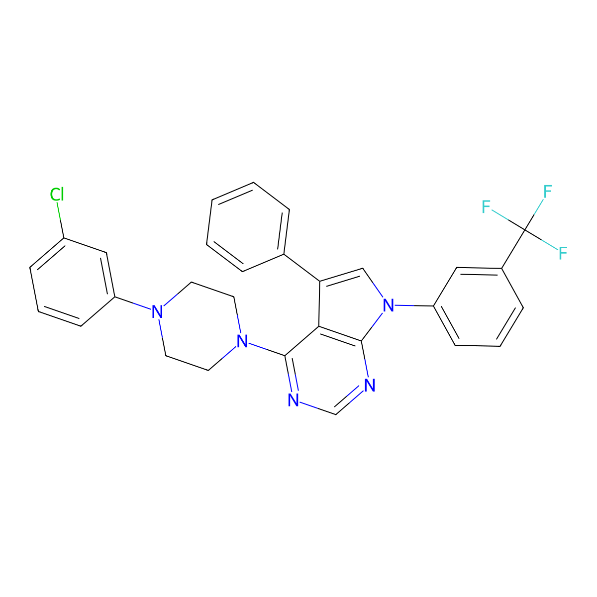 4-[4-(3-chlorophenyl)piperazin-1-yl]-5-phenyl-7-[3-(trifluoromethyl)phenyl]-7H-pyrrolo[2,3-d]pyrimidine molecular structure, CAS 477242-51-6