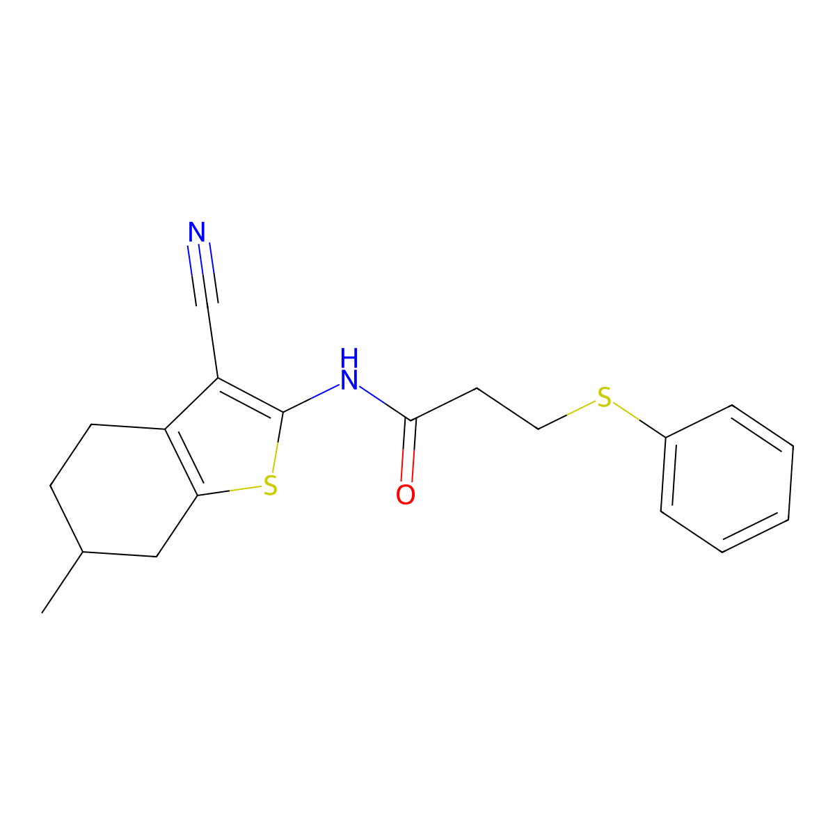 N-(3-cyano-6-methyl-4,5,6,7-tetrahydrobenzo[b]thiophen-2-yl)-3-(phenylthio)propanamide molecular structure, CAS 477242-88-9