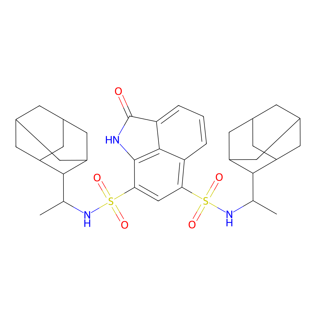 N9,N11-bis[1-(adamantan-2-yl)ethyl]-3-oxo-2-azatricyclo[6.3.1.0^{4,12}]dodeca-1(11),4,6,8(12),9-pentaene-9,11-disulfonamide molecular structure, CAS 477275-92-6