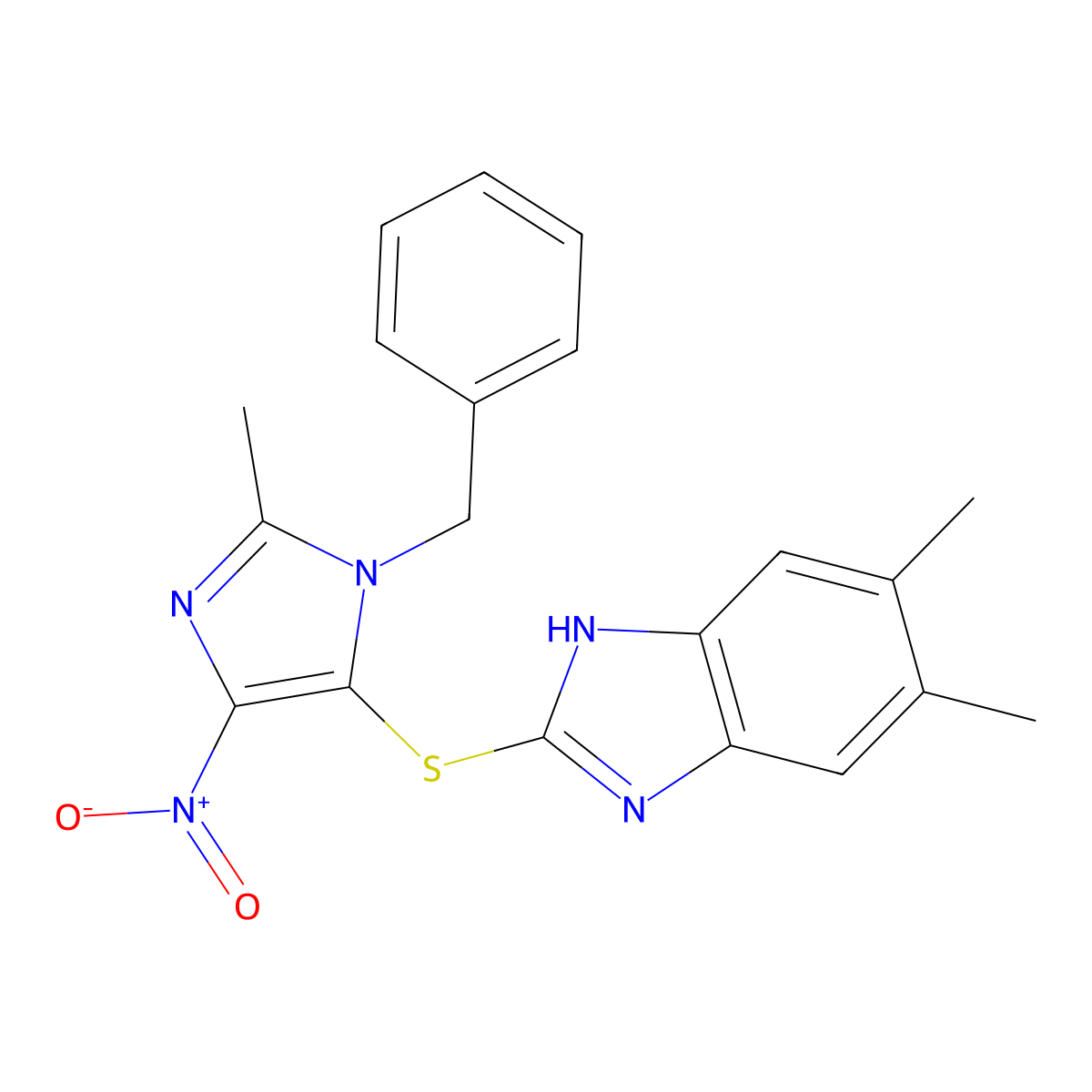 2-(3-benzyl-2-methyl-5-nitroimidazol-4-yl)sulfanyl-5,6-dimethyl-1H-benzimidazole molecular structure, CAS 477280-90-3