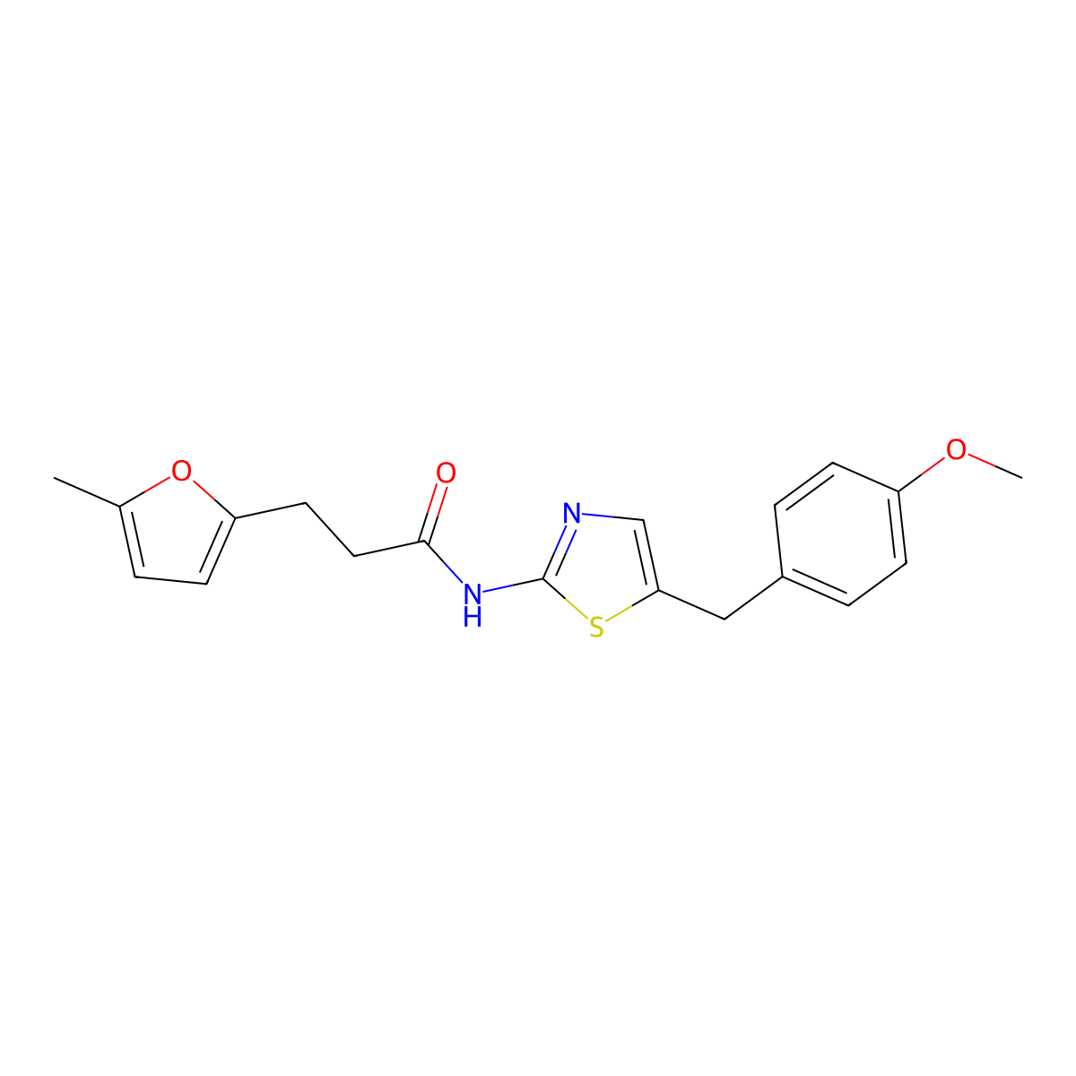 N-(5-(4-methoxybenzyl)thiazol-2-yl)-3-(5-methylfuran-2-yl)propanamide molecular structure, CAS 477281-57-5