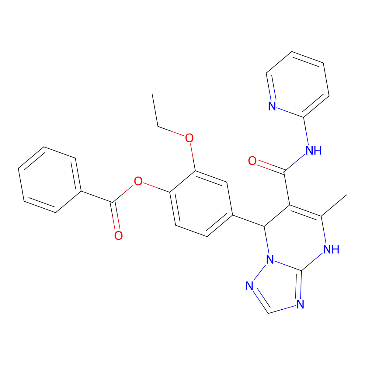 2-Ethoxy-4-(5-methyl-6-(pyridin-2-ylcarbamoyl)-4,7-dihydro-[1,2,4]triazolo[1,5-a]pyrimidin-7-yl)phenyl benzoate molecular structure, CAS 477292-99-2