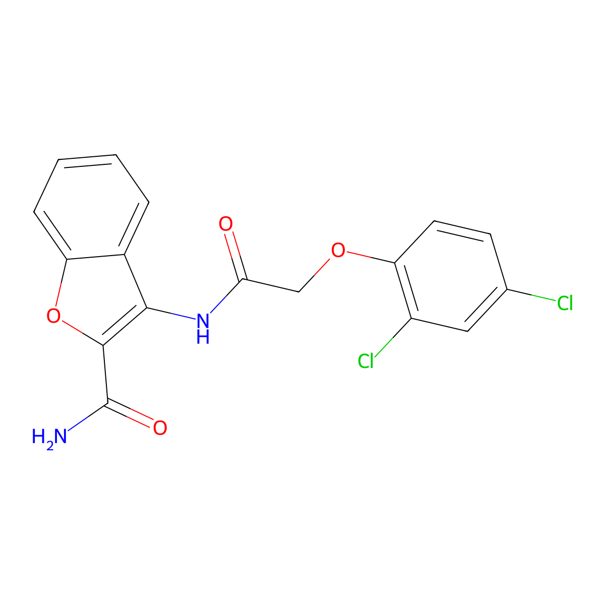 3-(2-(2,4-Dichlorophenoxy)acetamido)benzofuran-2-carboxamide molecular structure, CAS 477295-09-3