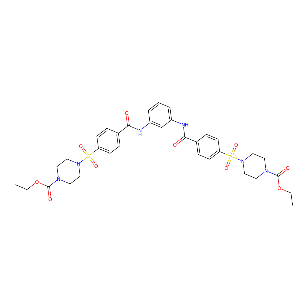 Ethyl 4-[4-[[3-[[4-(4-ethoxycarbonylpiperazin-1-yl)sulfonylbenzoyl]amino]phenyl]carbamoyl]phenyl]sulfonylpiperazine-1-carboxylate molecular structure, CAS 477295-99-1