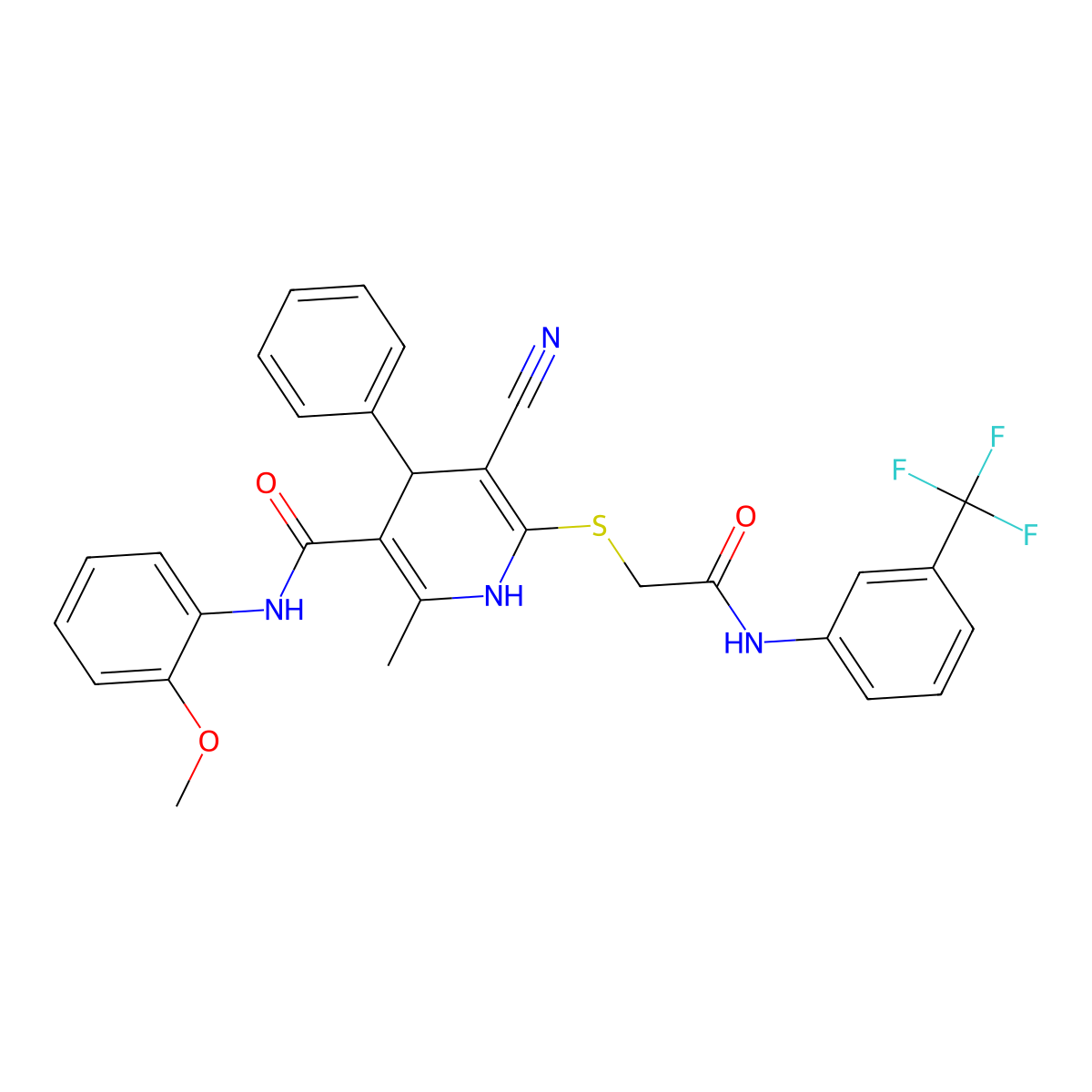 5-cyano-N-(2-methoxyphenyl)-2-methyl-6-((2-oxo-2-((3-(trifluoromethyl)phenyl)amino)ethyl)thio)-4-phenyl-1,4-dihydropyridine-3-carboxamide molecular structure, CAS 477296-11-0