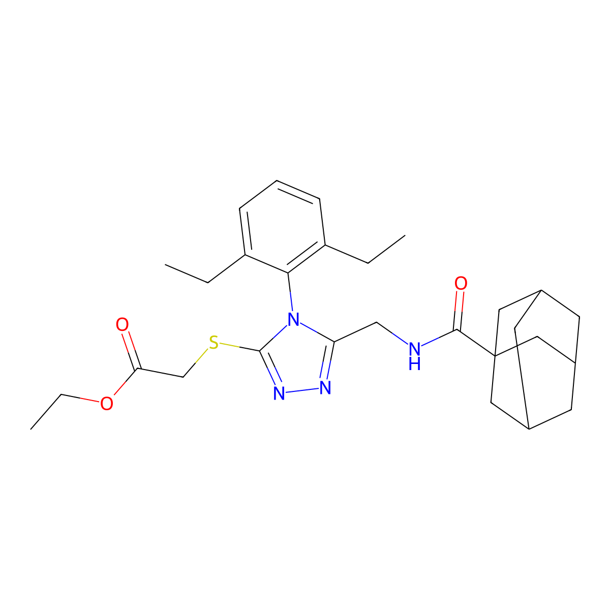 Ethyl 2-[[5-[(adamantane-1-carbonylamino)methyl]-4-(2,6-diethylphenyl)-1,2,4-triazol-3-yl]sulfanyl]acetate molecular structure, CAS 477300-29-1