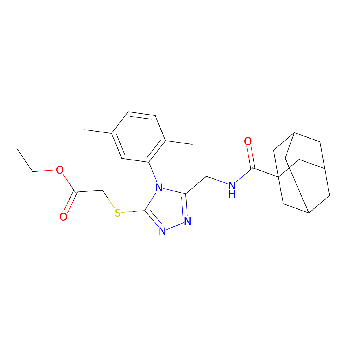 Ethyl 2-[[5-[(adamantane-1-carbonylamino)methyl]-4-(2,5-dimethylphenyl)-1,2,4-triazol-3-yl]sulfanyl]acetate molecular structure, CAS 477300-71-3