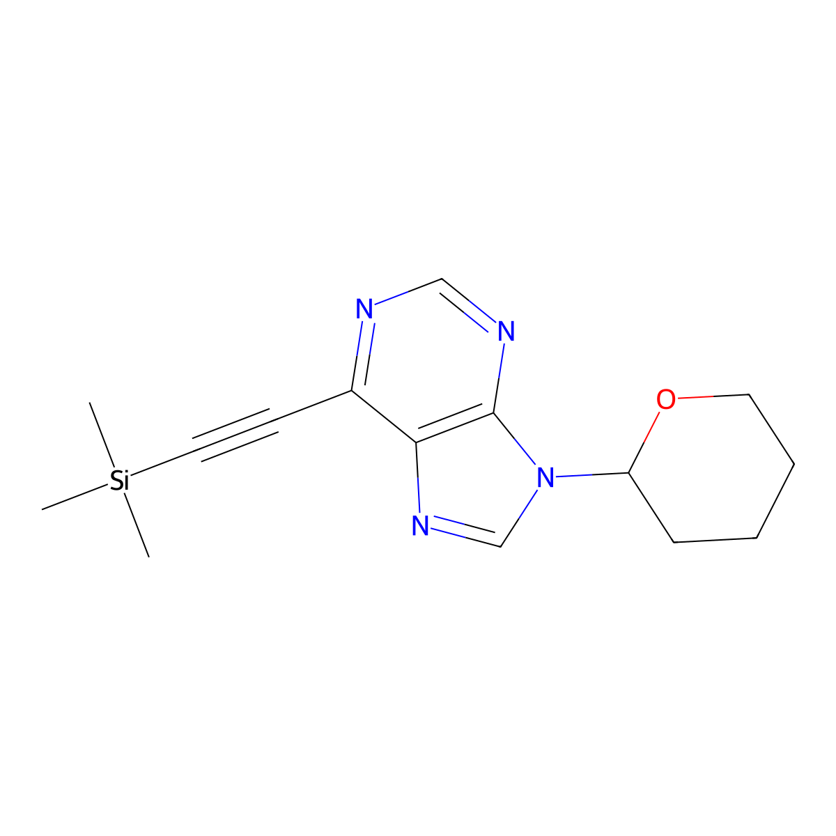 9-(tetrahydro-2H-pyran-2-yl)-6-((trimethylsilyl)ethynyl)-9H-purine molecular structure, CAS 477301-02-3