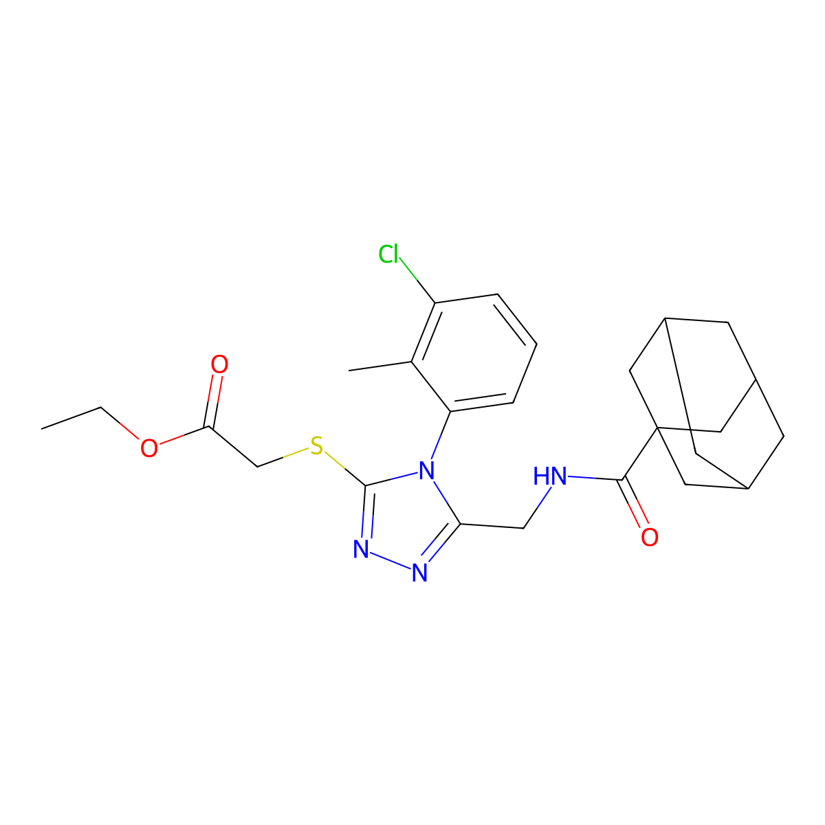 Ethyl 2-[[5-[(adamantane-1-carbonylamino)methyl]-4-(3-chloro-2-methylphenyl)-1,2,4-triazol-3-yl]sulfanyl]acetate molecular structure, CAS 477301-21-6