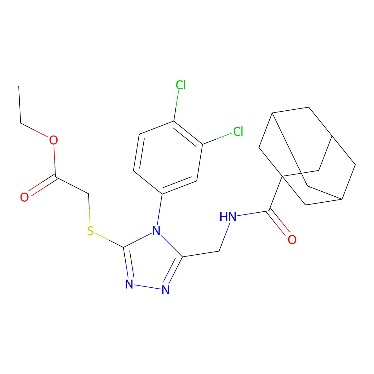 Ethyl 2-[[5-[(adamantane-1-carbonylamino)methyl]-4-(3,4-dichlorophenyl)-1,2,4-triazol-3-yl]sulfanyl]acetate molecular structure, CAS 477301-63-6