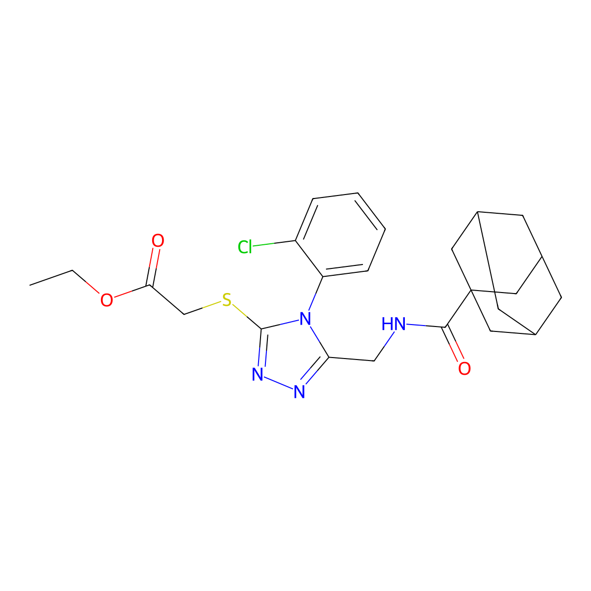 Ethyl 2-[[5-[(adamantane-1-carbonylamino)methyl]-4-(2-chlorophenyl)-1,2,4-triazol-3-yl]sulfanyl]acetate molecular structure, CAS 477302-05-9