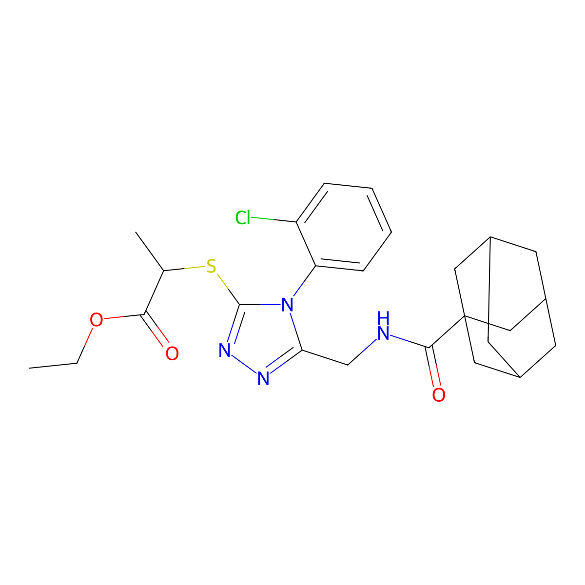 Ethyl 2-[[5-[(adamantane-1-carbonylamino)methyl]-4-(2-chlorophenyl)-1,2,4-triazol-3-yl]sulfanyl]propanoate molecular structure, CAS 477302-06-0