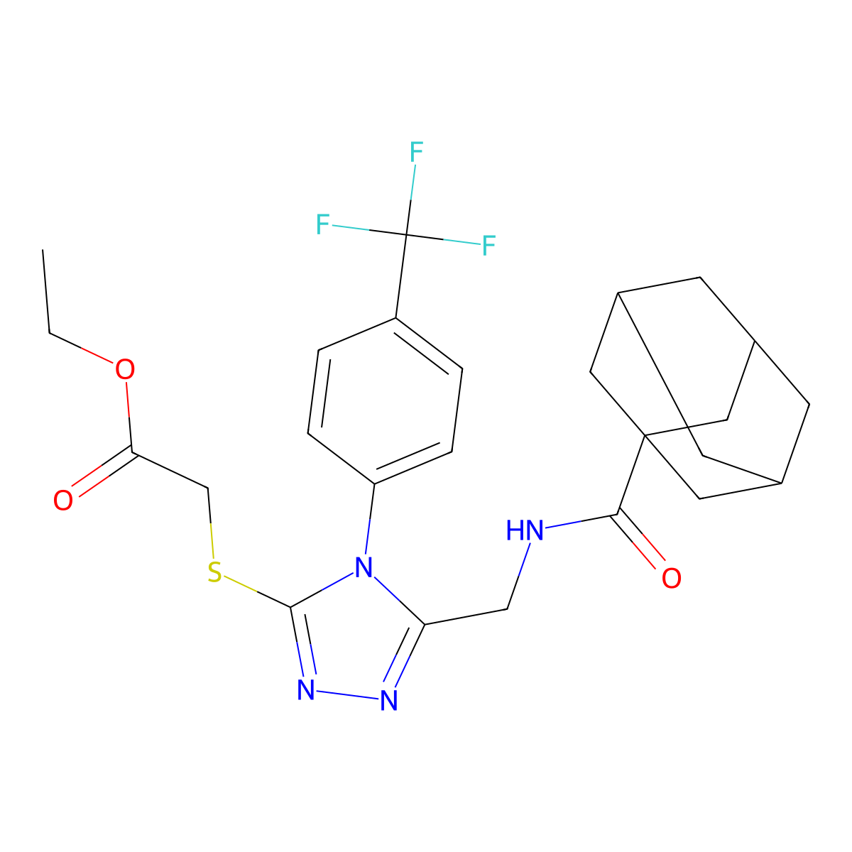 Ethyl 2-[[5-[(adamantane-1-carbonylamino)methyl]-4-[4-(trifluoromethyl)phenyl]-1,2,4-triazol-3-yl]sulfanyl]acetate molecular structure, CAS 477302-47-9