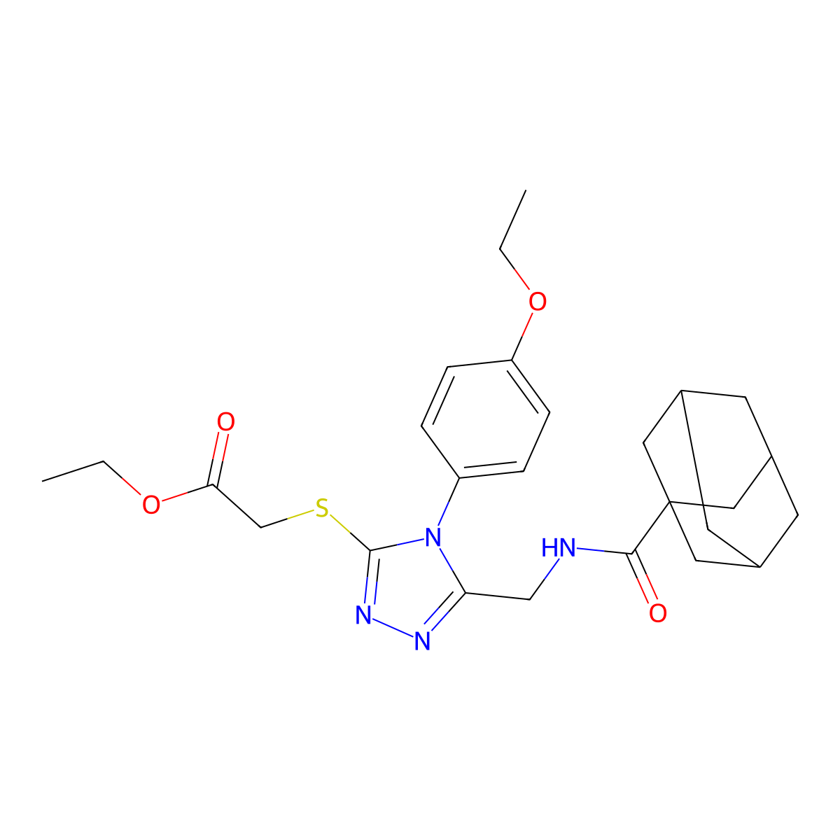 Ethyl 2-[[5-[(adamantane-1-carbonylamino)methyl]-4-(4-ethoxyphenyl)-1,2,4-triazol-3-yl]sulfanyl]acetate molecular structure, CAS 477302-90-2