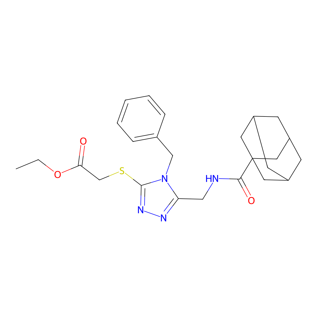 Ethyl 2-[[5-[(adamantane-1-carbonylamino)methyl]-4-benzyl-1,2,4-triazol-3-yl]sulfanyl]acetate molecular structure, CAS 477303-32-5