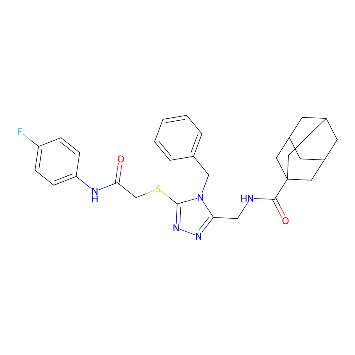 N-[[4-benzyl-5-[2-(4-fluoroanilino)-2-oxoethyl]sulfanyl-1,2,4-triazol-3-yl]methyl]adamantane-1-carboxamide molecular structure, CAS 477303-47-2