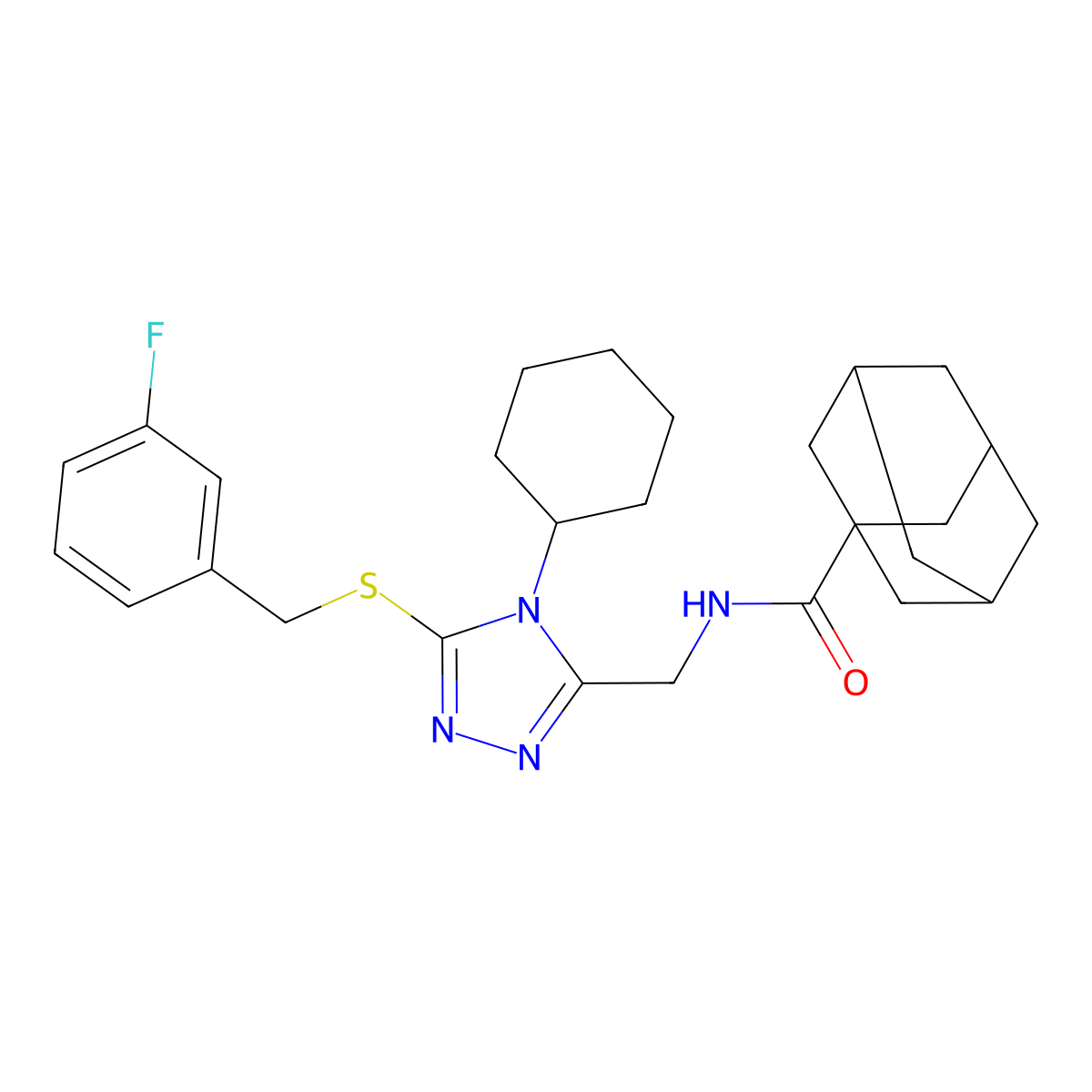 N-[[4-cyclohexyl-5-[(3-fluorophenyl)methylsulfanyl]-1,2,4-triazol-3-yl]methyl]adamantane-1-carboxamide molecular structure, CAS 477304-20-4