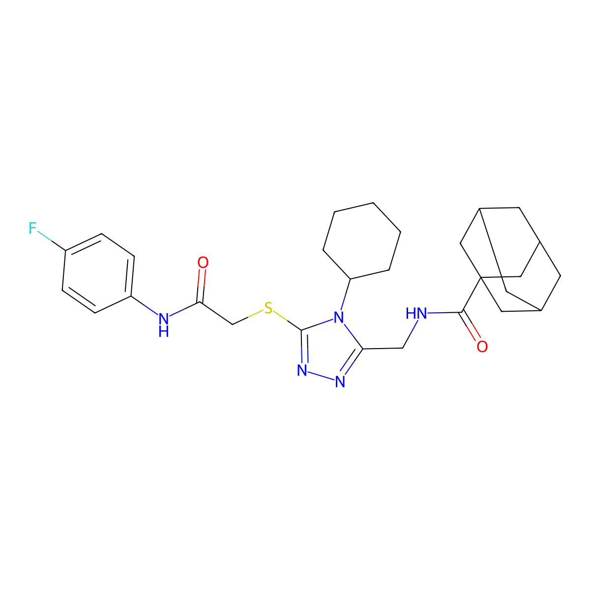 N-[[4-cyclohexyl-5-[2-(4-fluoroanilino)-2-oxoethyl]sulfanyl-1,2,4-triazol-3-yl]methyl]adamantane-1-carboxamide molecular structure, CAS 477304-37-3