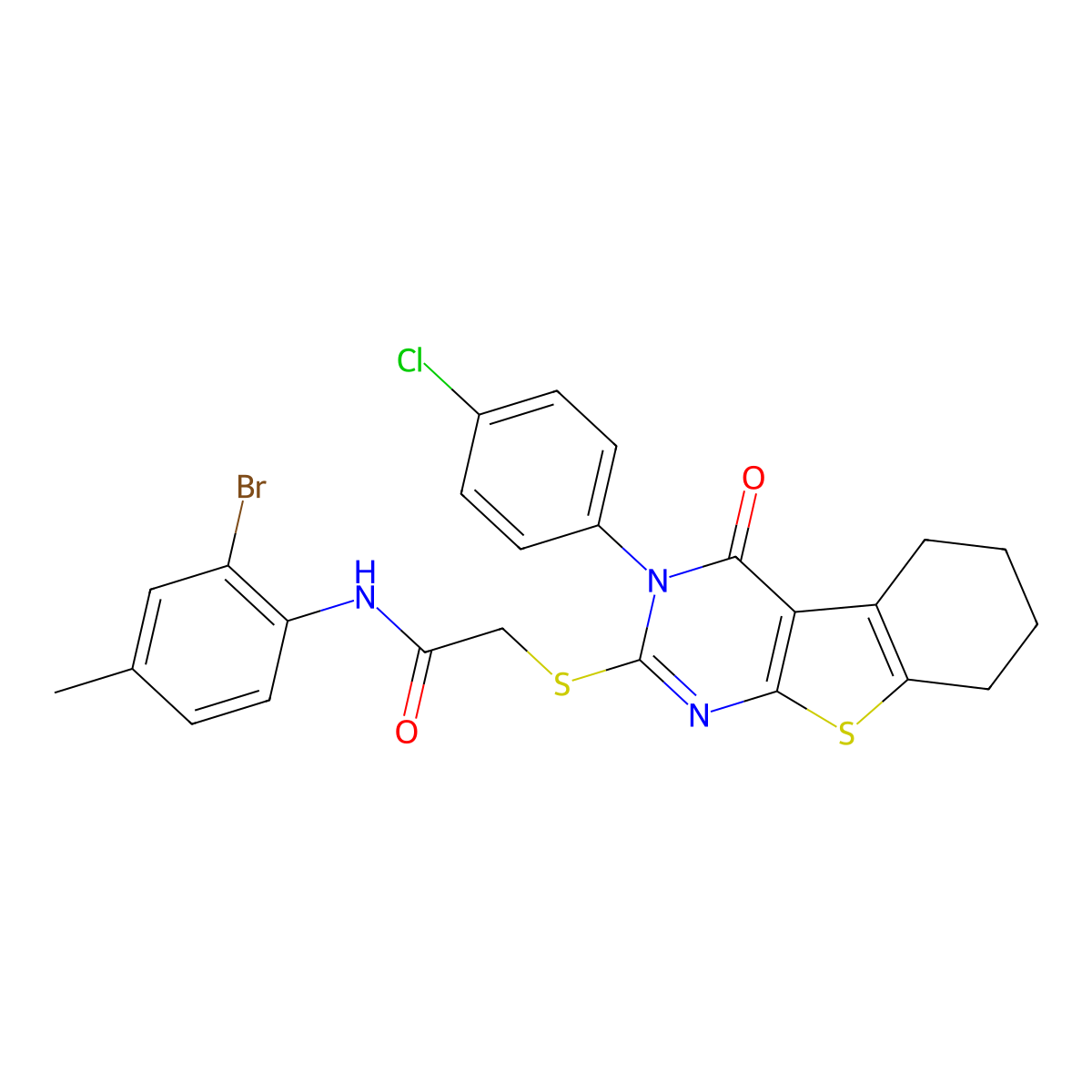 N-(2-Bromo-4-methylphenyl)-2-((3-(4-chlorophenyl)-4-oxo-3,4,5,6,7,8-hexahydro(1)benzothieno(2,3-D)pyrimidin-2-YL)sulfanyl)acetamide molecular structure, CAS 477313-38-5