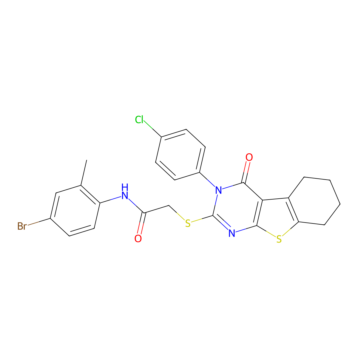 N-(4-Bromo-2-methylphenyl)-2-((3-(4-chlorophenyl)-4-oxo-3,4,5,6,7,8-hexahydro(1)benzothieno(2,3-D)pyrimidin-2-YL)sulfanyl)acetamide molecular structure, CAS 477313-39-6