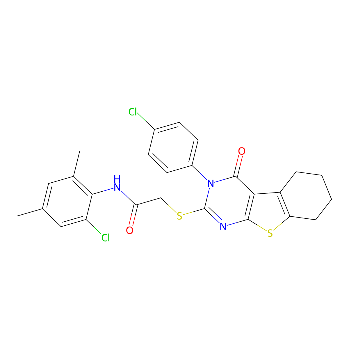 N-(2-Chloro-4,6-dimethylphenyl)-2-((3-(4-chlorophenyl)-4-oxo-3,4,5,6,7,8-hexahydro(1)benzothieno(2,3-D)pyrimidin-2-YL)sulfanyl)acetamide molecular structure, CAS 477313-42-1