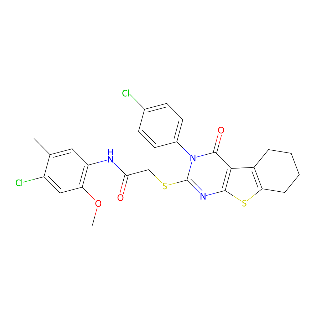 N-(4-Chloro-2-methoxy-5-methylphenyl)-2-{[3-(4-chlorophenyl)-4-oxo-3,4,5,6,7,8-hexahydro[1]benzothieno[2,3-D]pyrimidin-2-YL]sulfanyl}acetamide molecular structure, CAS 477313-43-2