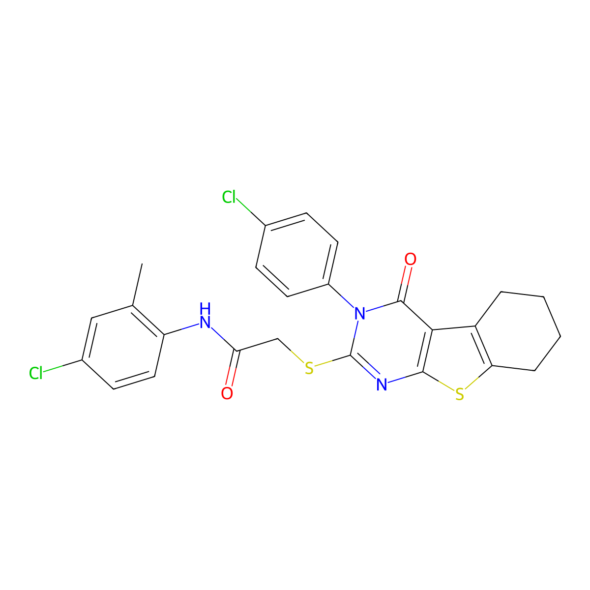 N-(4-Chloro-2-methylphenyl)-2-((3-(4-chlorophenyl)-4-oxo-3,4,5,6,7,8-hexahydro(1)benzothieno(2,3-D)pyrimidin-2-YL)sulfanyl)acetamide molecular structure, CAS 477313-46-5