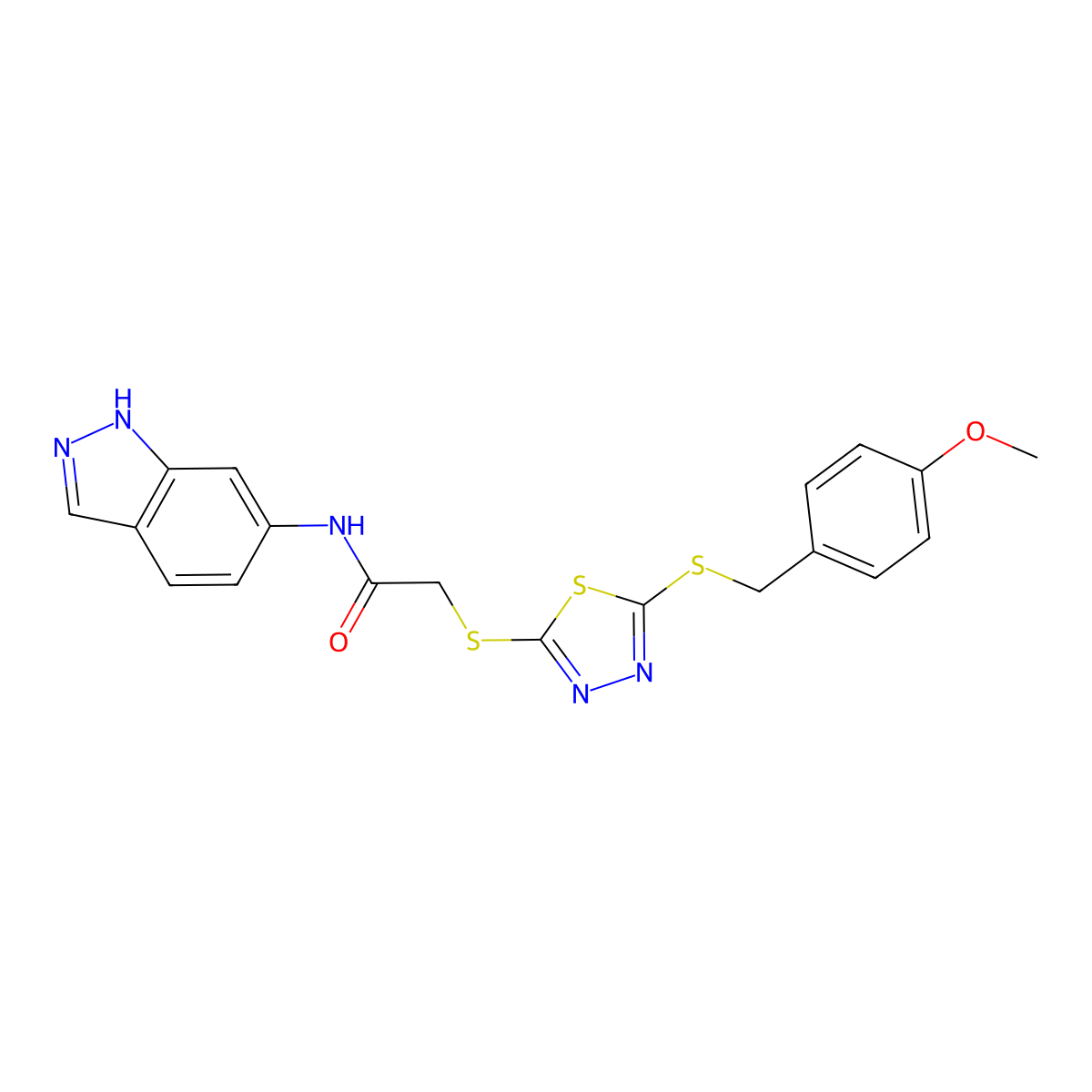 N-(1H-Indazol-6-YL)-2-((5-((4-methoxybenzyl)sulfanyl)-1,3,4-thiadiazol-2-YL)sulfanyl)acetamide molecular structure, CAS 477313-72-7
