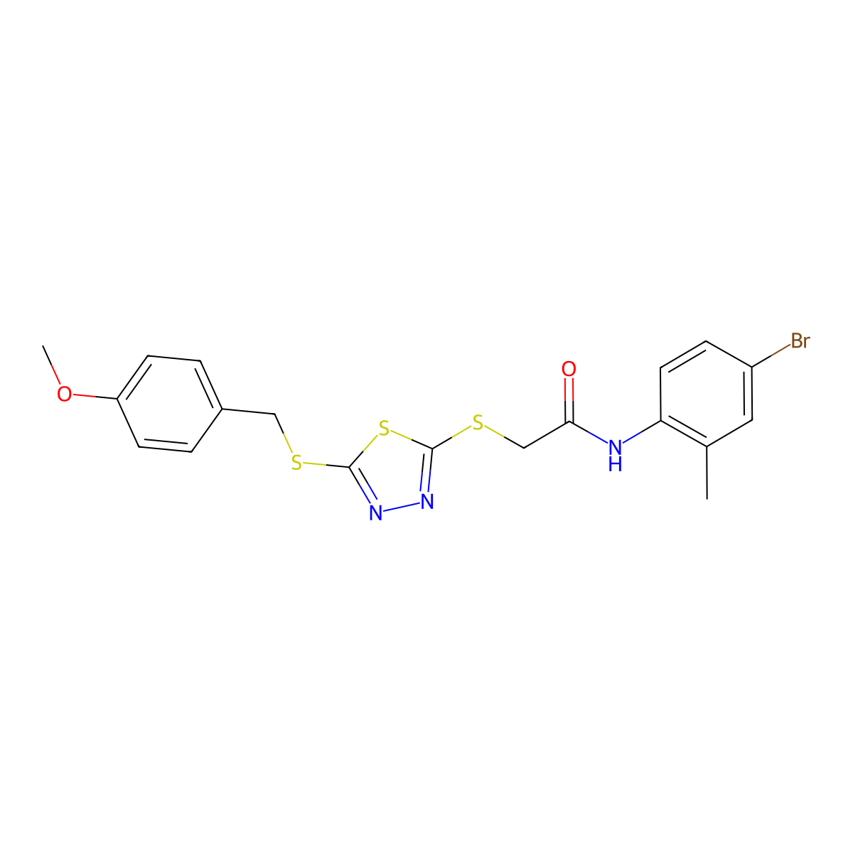 N-(4-Bromo-2-methylphenyl)-2-((5-((4-methoxybenzyl)sulfanyl)-1,3,4-thiadiazol-2-YL)sulfanyl)acetamide molecular structure, CAS 477313-73-8