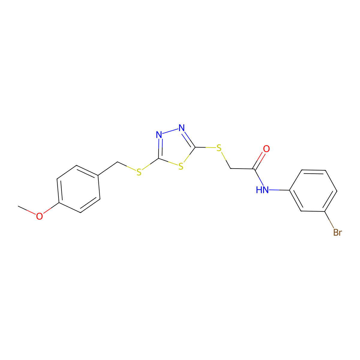 N-(3-BR-PH)-2-((5-((4-Methoxybenzyl)thio)-1,3,4-thiadiazol-2-YL)thio)acetamide molecular structure, CAS 477313-74-9