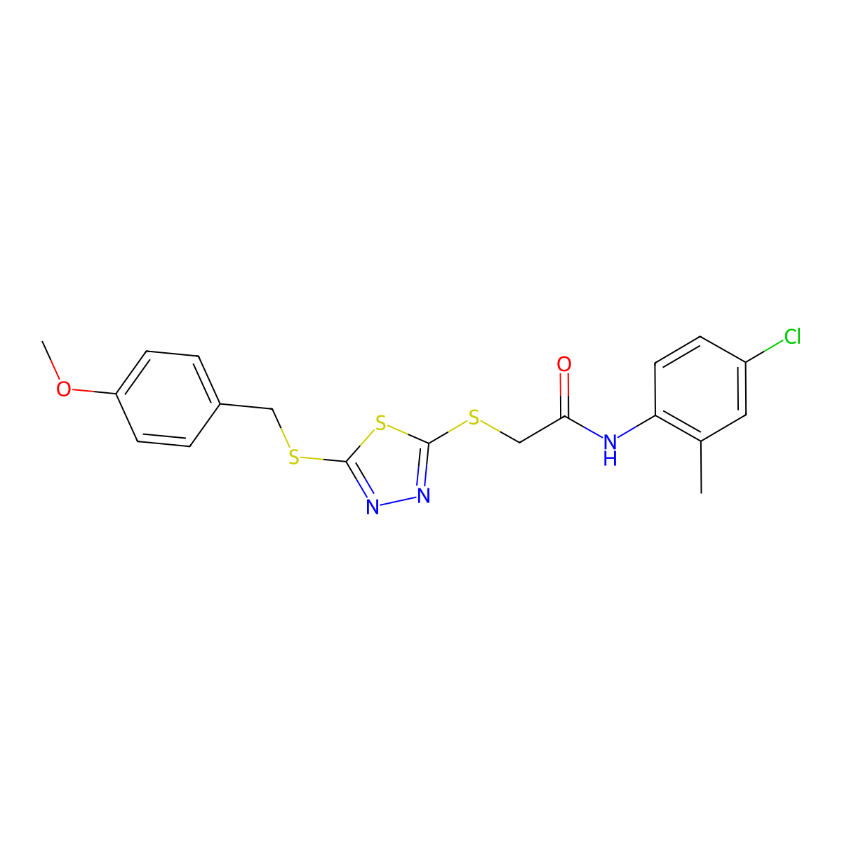 N-(4-Chloro-2-methylphenyl)-2-((5-((4-methoxybenzyl)sulfanyl)-1,3,4-thiadiazol-2-YL)sulfanyl)acetamide molecular structure, CAS 477313-77-2