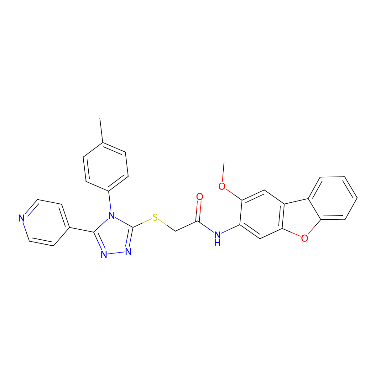 N-(2-Methoxydibenzo(B,D)furan-3-YL)-2-((4-(4-methylphenyl)-5-(4-pyridinyl)-4H-1,2,4-triazol-3-YL)sulfanyl)acetamide molecular structure, CAS 477318-62-0