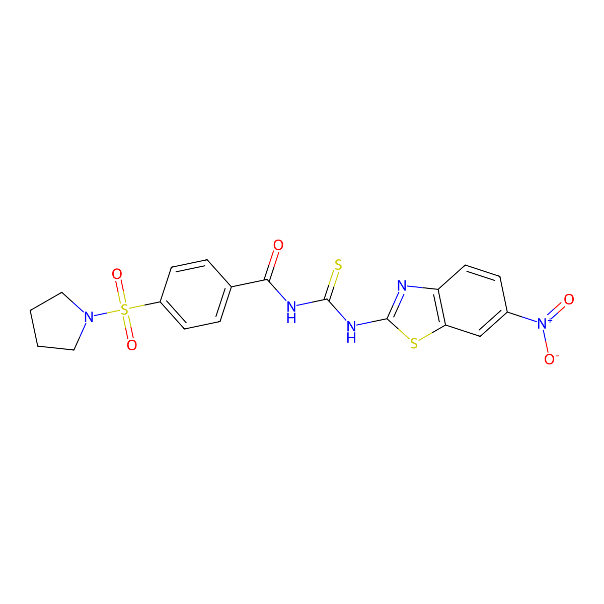 N-((6-nitrobenzo[d]thiazol-2-yl)carbamothioyl)-4-(pyrrolidin-1-ylsulfonyl)benzamide molecular structure, CAS 477323-47-0