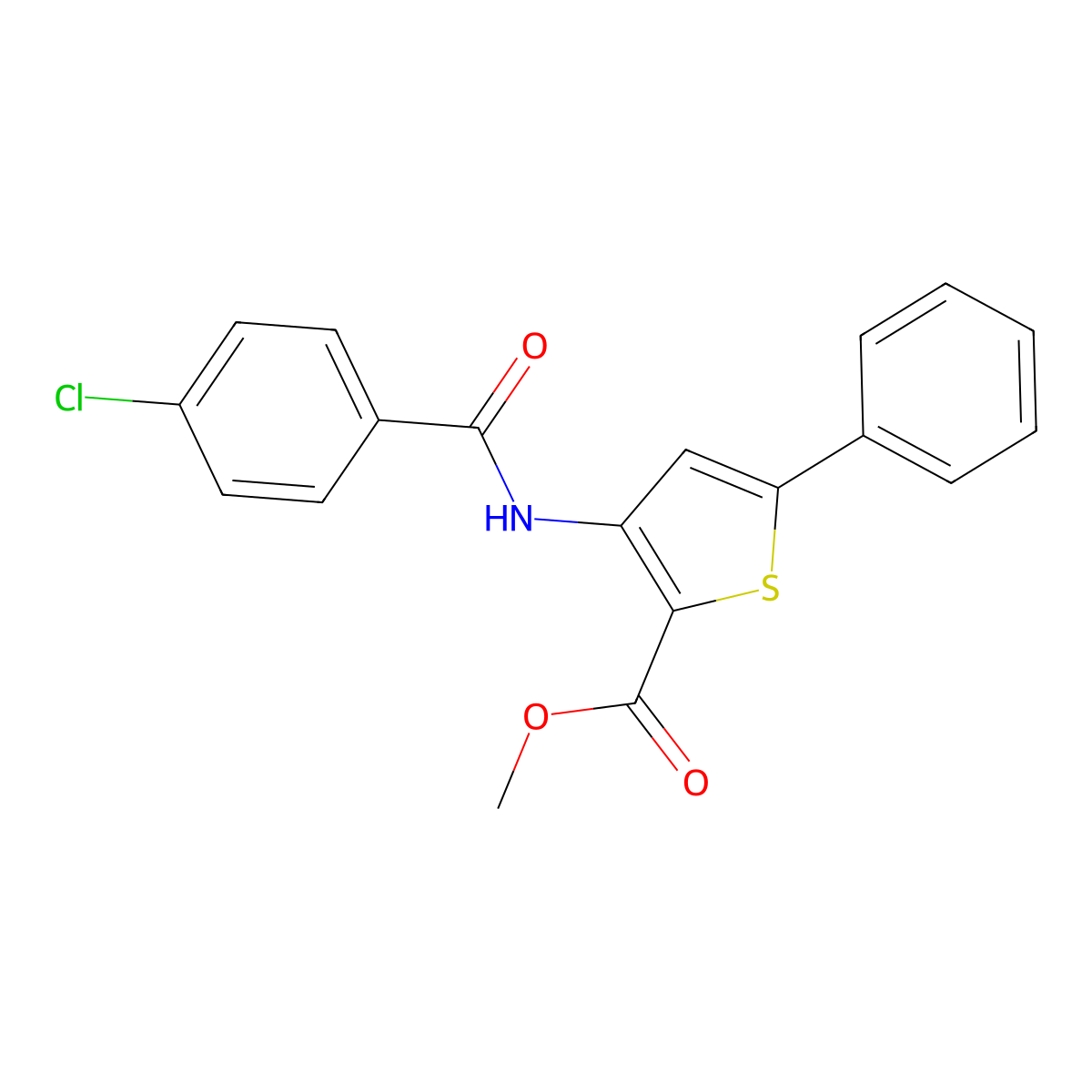 Methyl 3-(4-chlorobenzamido)-5-phenylthiophene-2-carboxylate molecular structure, CAS 477326-20-8
