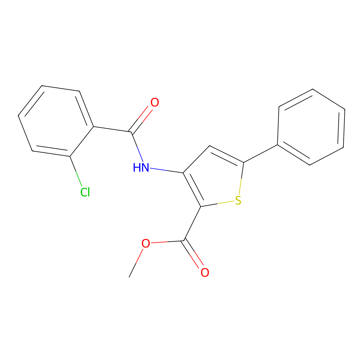 Methyl 3-(2-chlorobenzamido)-5-phenylthiophene-2-carboxylate molecular structure, CAS 477326-22-0