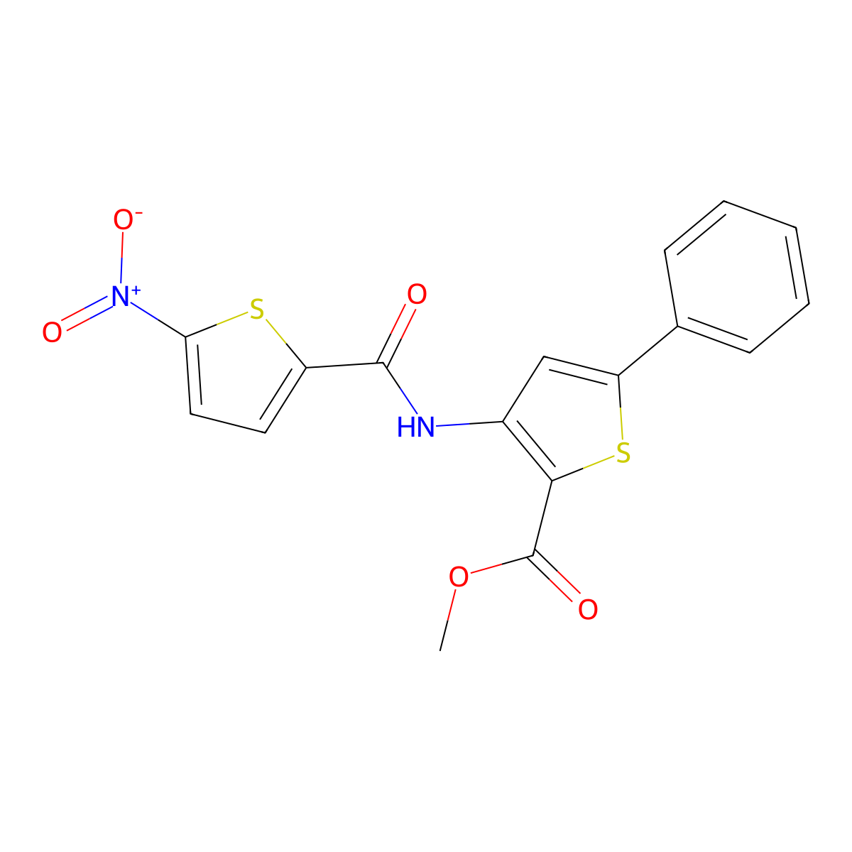 Methyl 3-(5-nitrothiophene-2-carboxamido)-5-phenylthiophene-2-carboxylate molecular structure, CAS 477326-45-7