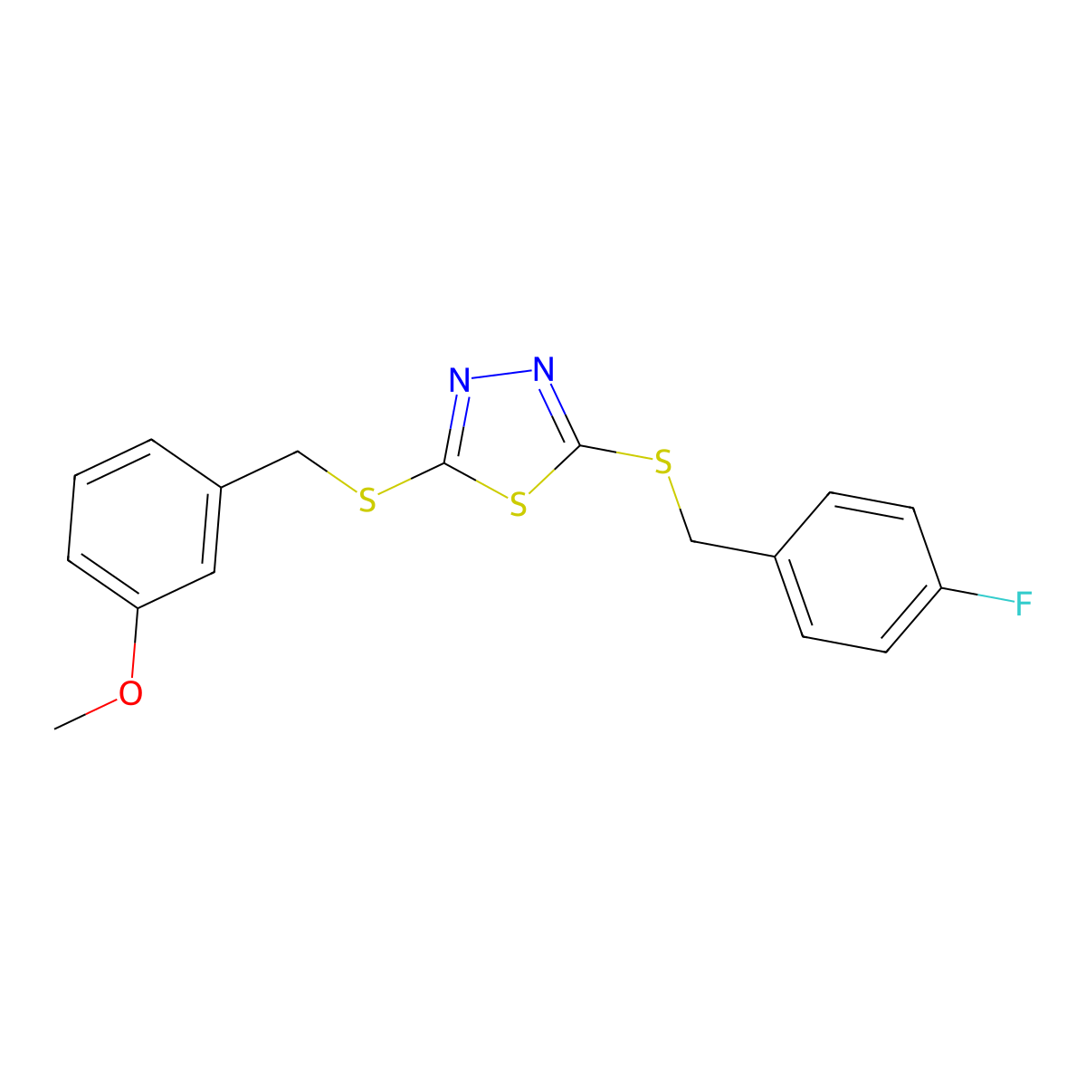3-(((5-((4-Fluorobenzyl)thio)-1,3,4-thiadiazol-2-YL)thio)ME)phenyl methyl ether molecular structure, CAS 477329-13-8