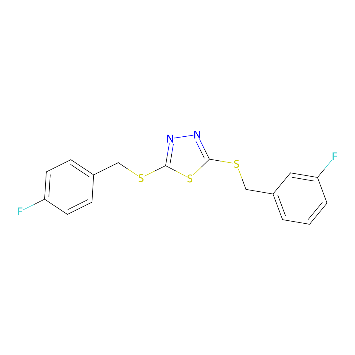 2-((3-Fluorobenzyl)thio)-5-((4-fluorobenzyl)thio)-1,3,4-thiadiazole molecular structure, CAS 477329-15-0