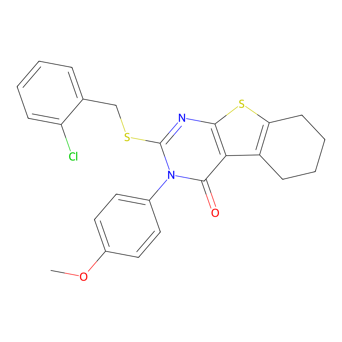 2-((2-Chlorobenzyl)sulfanyl)-3-(4-methoxyphenyl)-5,6,7,8-tetrahydro(1)benzothieno(2,3-D)pyrimidin-4(3H)-one molecular structure, CAS 477329-22-9