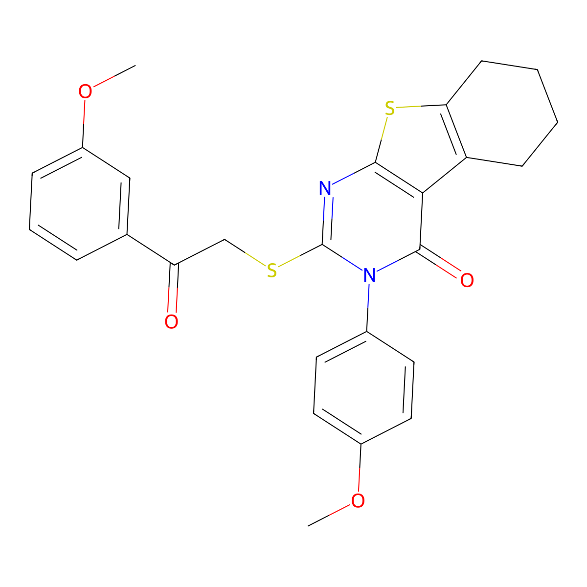 3-(4-Methoxyphenyl)-2-{[2-(3-methoxyphenyl)-2-oxoethyl]sulfanyl}-5,6,7,8-tetrahydro[1]benzothieno[2,3-D]pyrimidin-4(3H)-one molecular structure, CAS 477329-25-2
