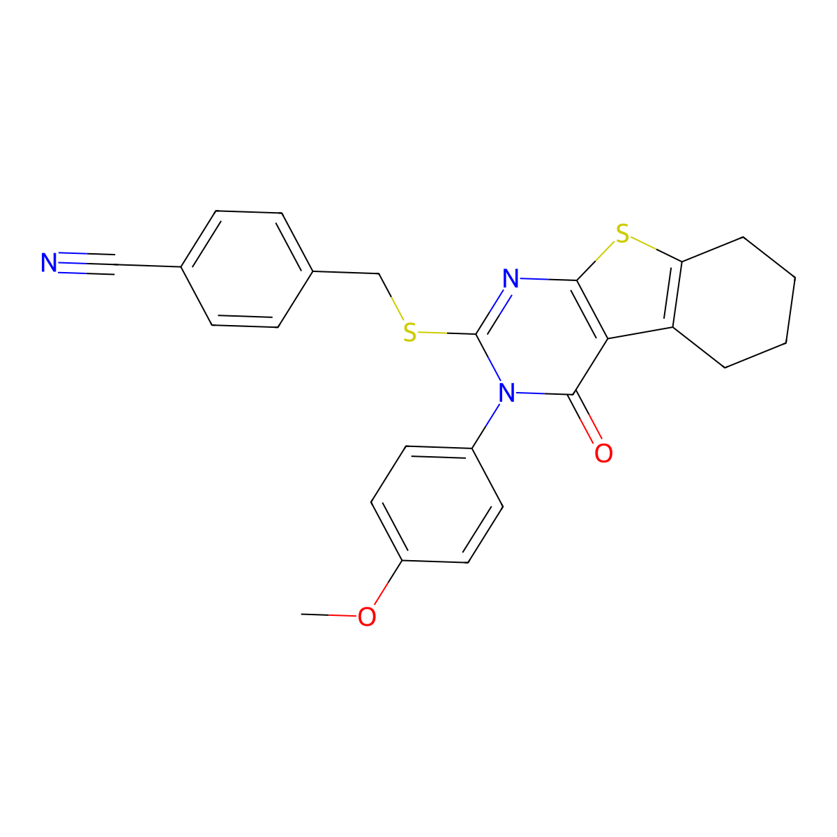4-(((3-(4-Methoxyphenyl)-4-oxo-3,4,5,6,7,8-hexahydro(1)benzothieno(2,3-D)pyrimidin-2-YL)sulfanyl)methyl)benzonitrile molecular structure, CAS 477329-31-0