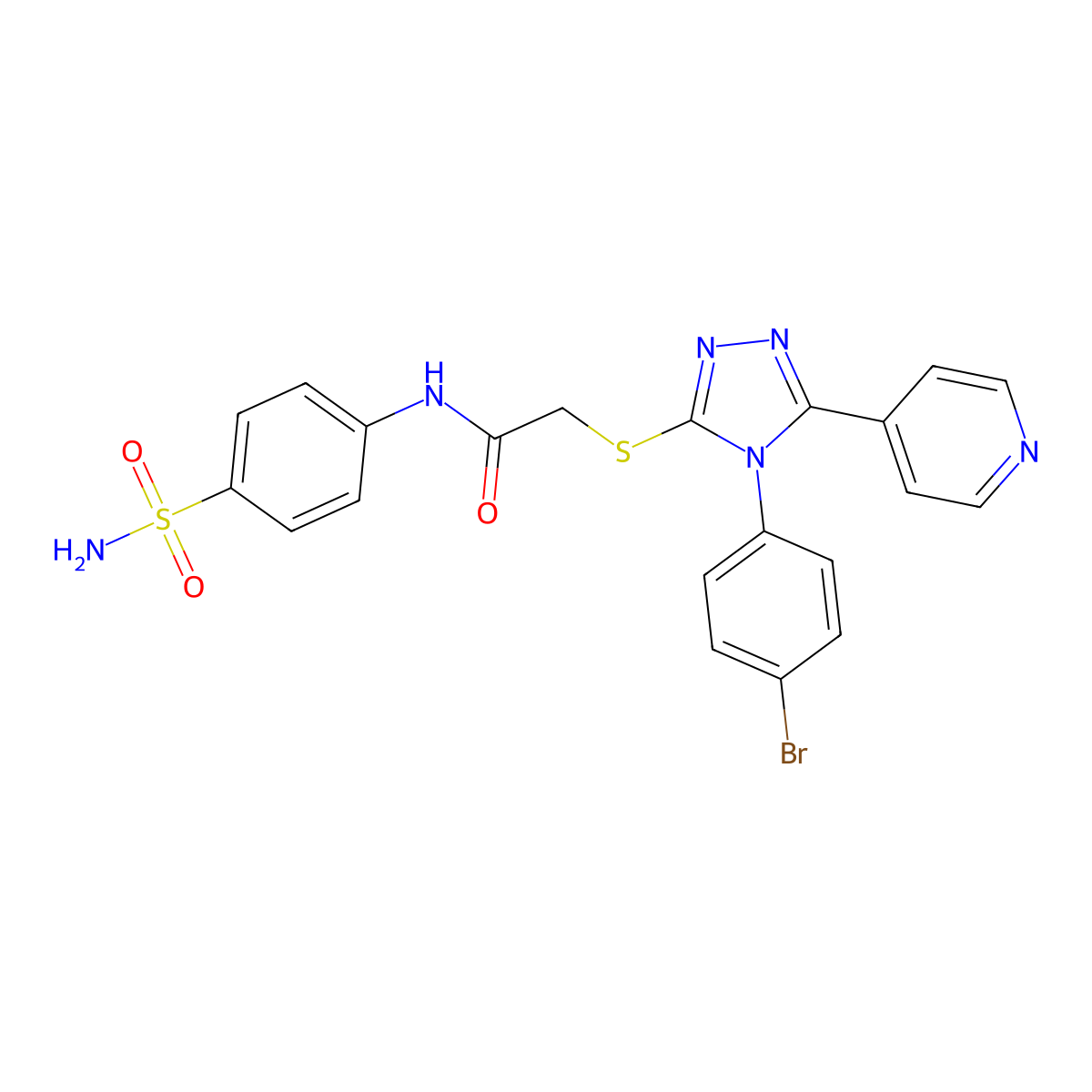 N-[4-(Aminosulfonyl)phenyl]-2-{[4-(4-bromophenyl)-5-(4-pyridinyl)-4H-1,2,4-triazol-3-YL]sulfanyl}acetamide molecular structure, CAS 477329-42-3