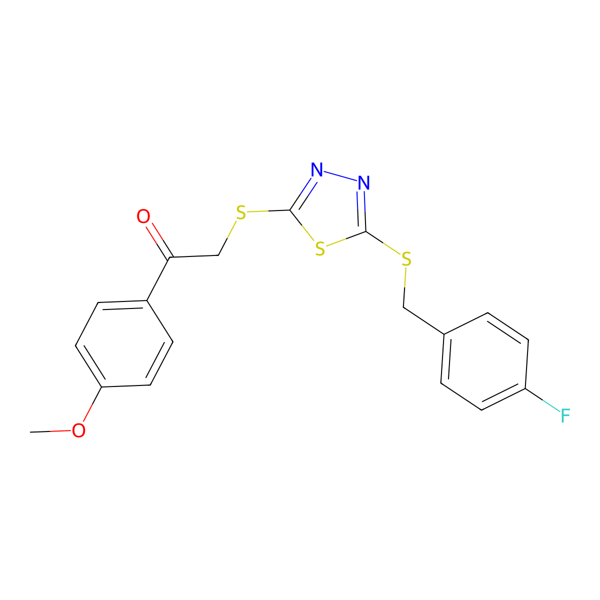 2-((5-((4-F-Benzyl)thio)-1,3,4-thiadiazol-2-YL)thio)-1-(4-methoxyphenyl)ethanone molecular structure, CAS 477329-63-8