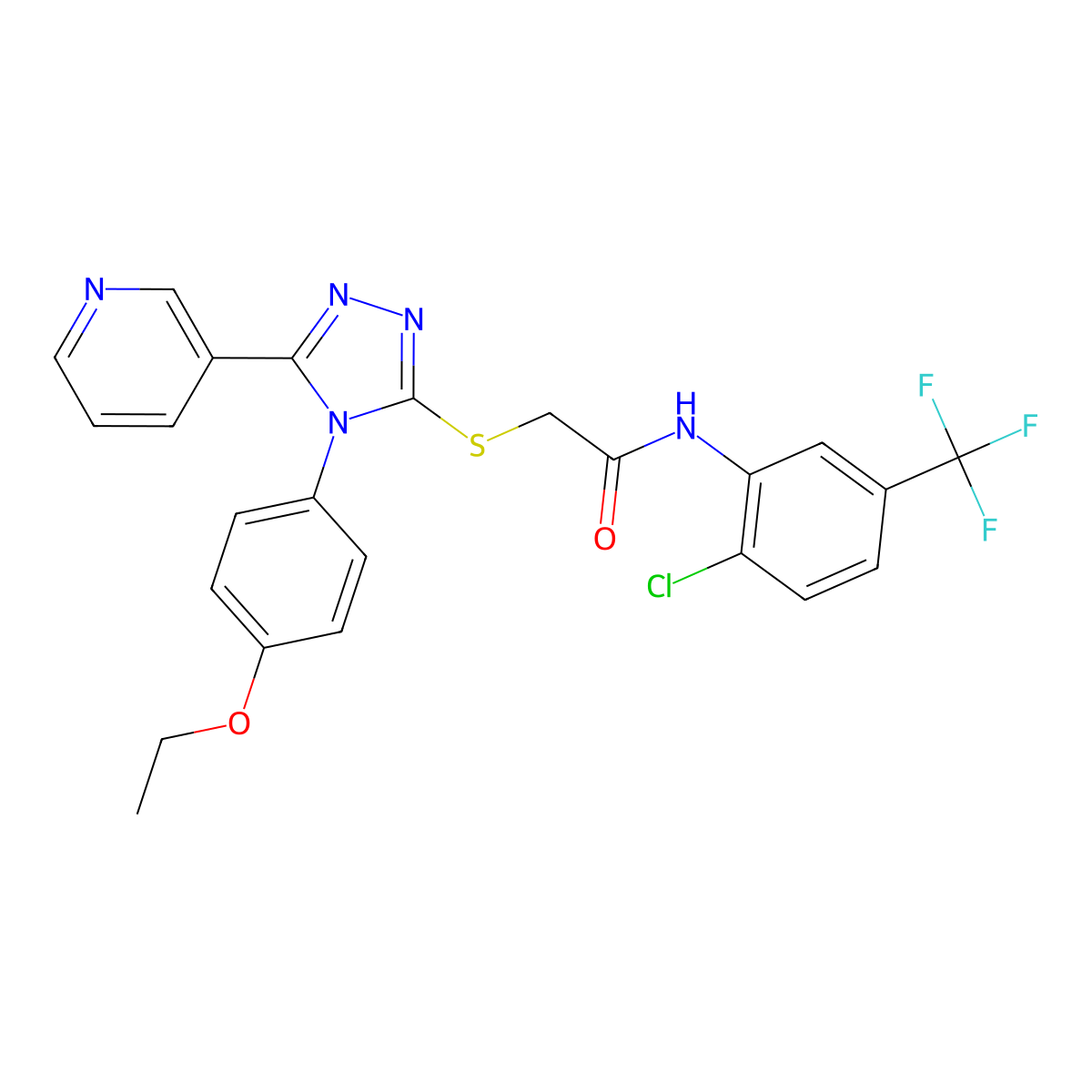 N-(2-Chloro-5-(trifluoromethyl)phenyl)-2-((4-(4-ethoxyphenyl)-5-(3-pyridinyl)-4H-1,2,4-triazol-3-YL)sulfanyl)acetamide molecular structure, CAS 477330-00-0