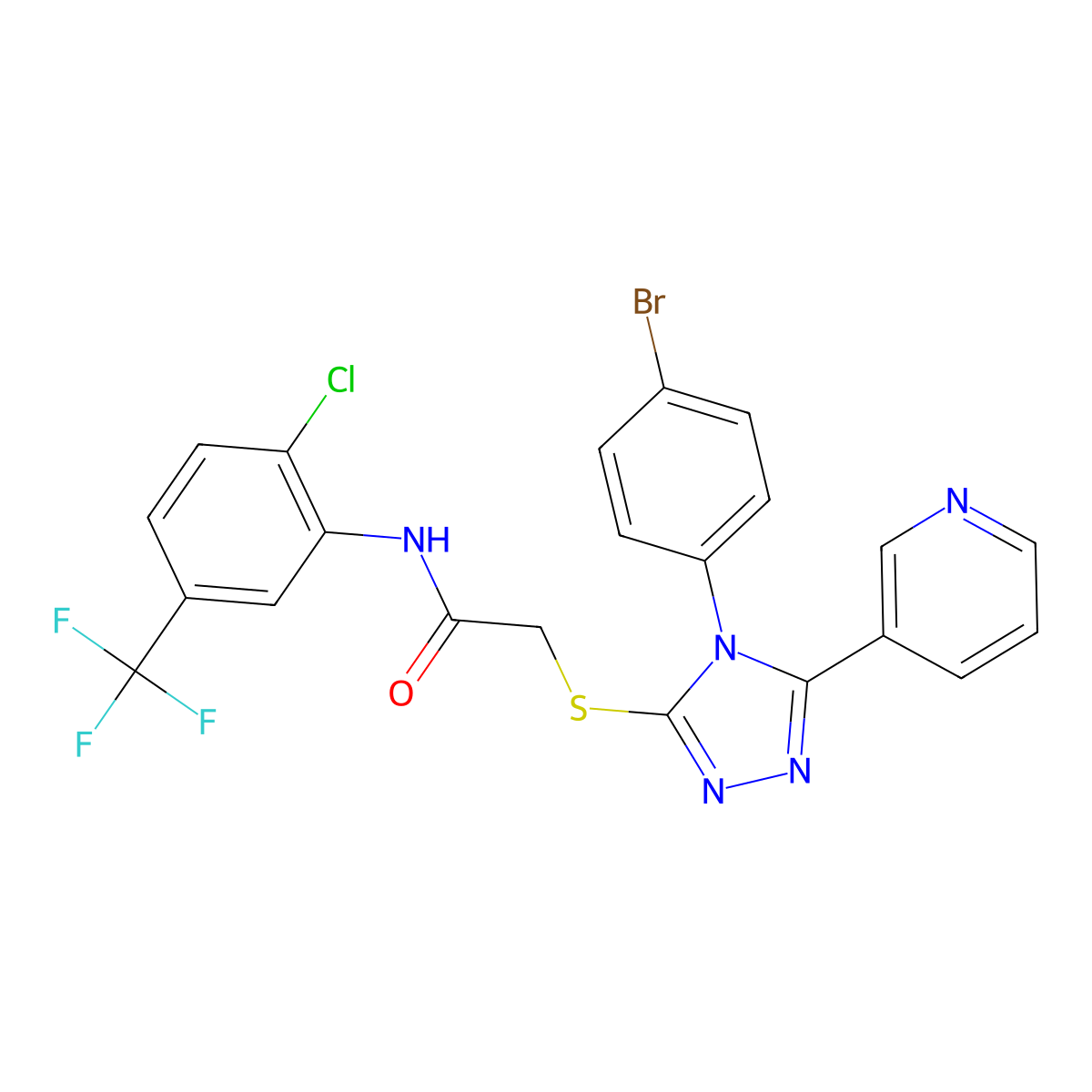 2-((4-(4-Bromophenyl)-5-(3-pyridinyl)-4H-1,2,4-triazol-3-YL)sulfanyl)-N-(2-chloro-5-(trifluoromethyl)phenyl)acetamide molecular structure, CAS 477330-14-6