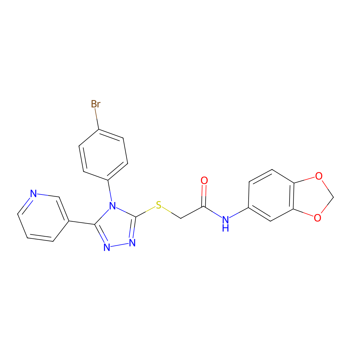 N-(1,3-Benzodioxol-5-YL)-2-((4-(4-bromophenyl)-5-(3-pyridinyl)-4H-1,2,4-triazol-3-YL)sulfanyl)acetamide molecular structure, CAS 477330-17-9