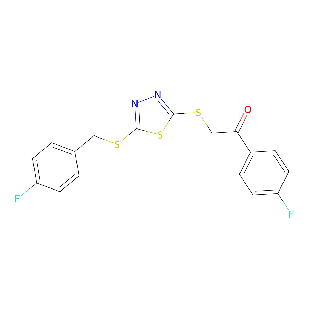 2-((5-((4-F-Benzyl)thio)-1,3,4-thiadiazol-2-YL)thio)-1-(4-fluorophenyl)ethanone molecular structure, CAS 477330-25-9