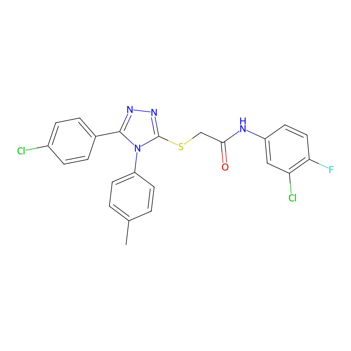 N-(3-Chloro-4-fluorophenyl)-2-{[5-(4-chlorophenyl)-4-(4-methylphenyl)-4H-1,2,4-triazol-3-YL]sulfanyl}acetamide molecular structure, CAS 477330-53-3