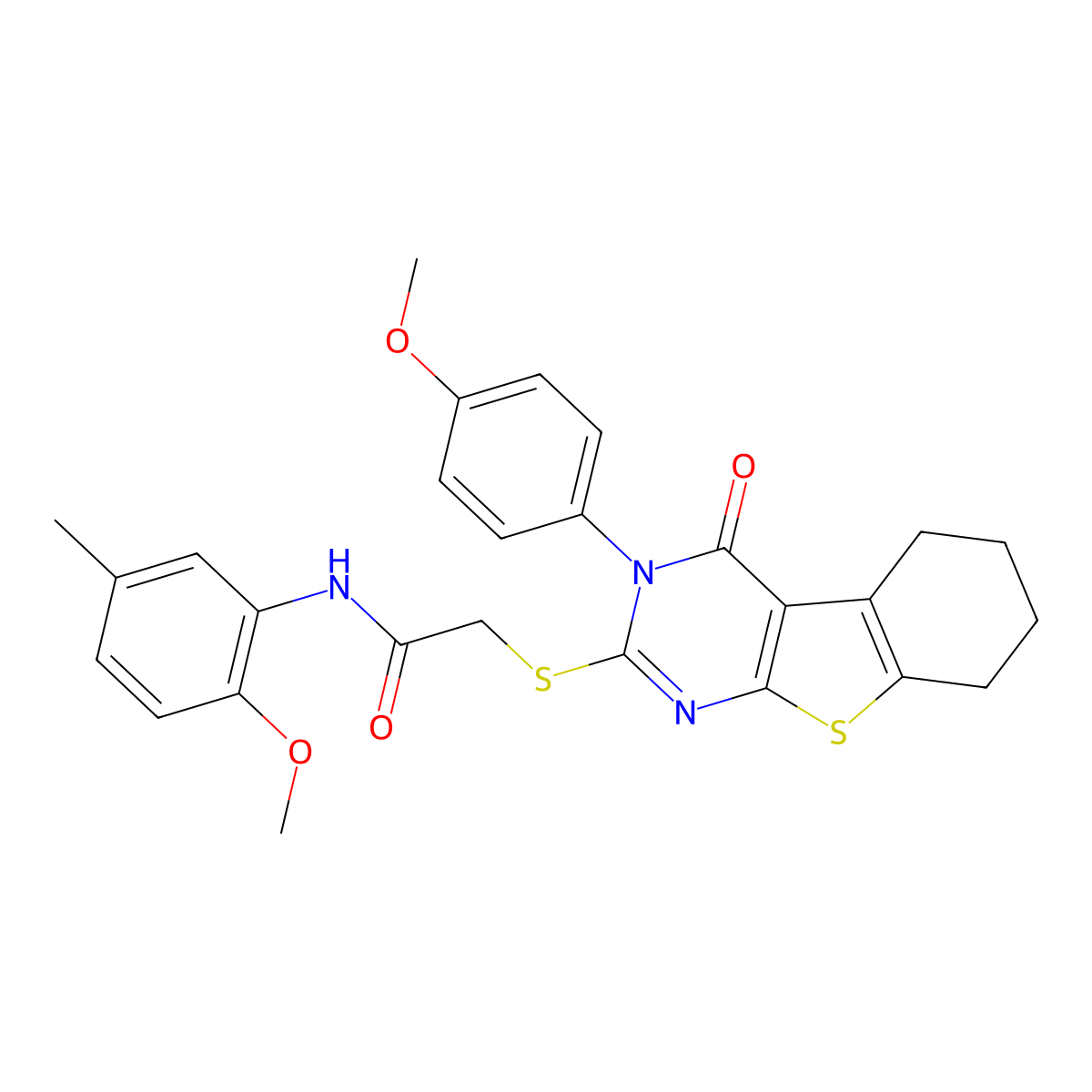 N-(2-Methoxy-5-methylphenyl)-2-{[3-(4-methoxyphenyl)-4-oxo-3,4,5,6,7,8-H exahydro[1]benzothieno[2,3-D]pyrimidin-2-YL]sulfanyl}acetamide molecular structure, CAS 477330-54-4