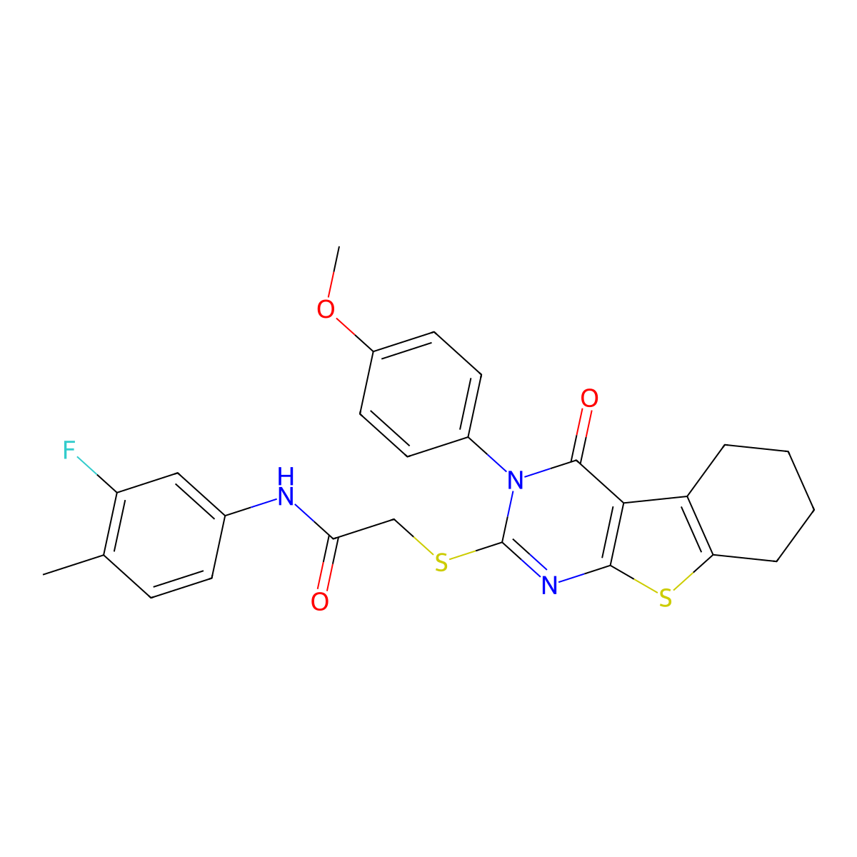 N-(3-Fluoro-4-methylphenyl)-2-{[3-(4-methoxyphenyl)-4-oxo-3,4,5,6,7,8-HE xahydro[1]benzothieno[2,3-D]pyrimidin-2-YL]sulfanyl}acetamide molecular structure, CAS 477330-68-0